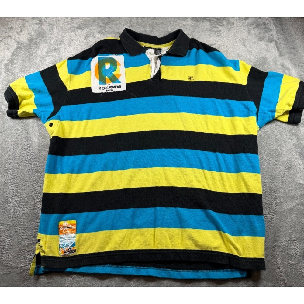 Vtg Rocawear‎ Rugby Polo Shirt Mens 2XL Y2K Hip Hop Striped Patch